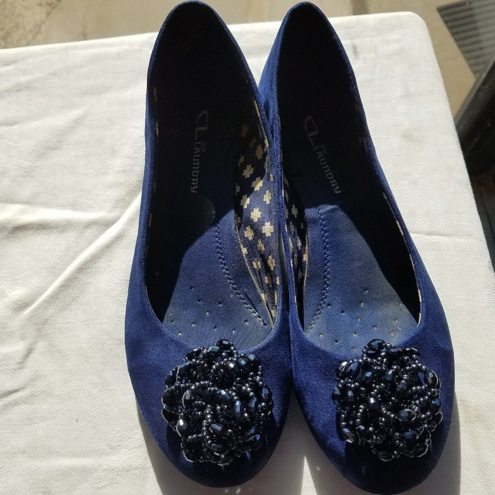 Navy Blue Beaded Flower Dress Flats Size 9 MOVING SALE